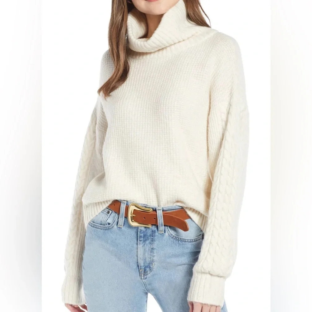 Something Navy Sweater Womens XS Cream Wool Cable Knit Texture Cowl Neck Casual